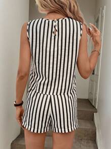 Easowa 2 件套女士休闲条纹无袖短款上衣和裤子套装，带口袋的日常夏季服装 - 黑色 - 查看 2