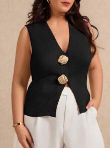 Elaquor Fashionable Casual Metal Shell Button Sleeveless Plus Size Sweater Vests In Fall/Winter - Black - View 6