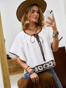 LanaWest Women's Summer Lace Patchwork Round Neck Tie Loose Short Sleeve Blouse, Woven Fabric, Versatile & Elegant Loose Fitting Fashion Shirt - Multicolor - View 5