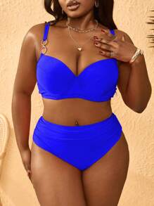 Slaydiva Plus Size Women 2 Pieces Solid Magenta Color High Waist Ruffled Triangle Swimsuit With Underwire & Adjustable Strap For Summer Beach Vacation - Blue - View 3