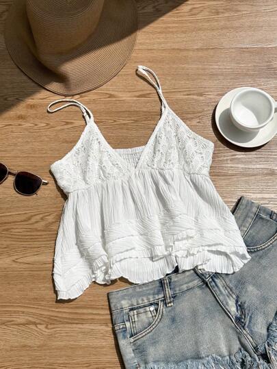 Comfortcana Camiseta de tirantes blanca informal de mujer con panel de encaje y bajo con volantes