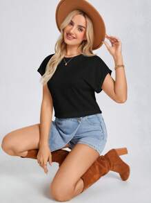 EMERY ROSE Camiseta de manga murciélago de cuello redondo