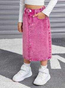 SHEIN 年轻女孩甜美可爱的口袋和侧开衩牛仔迷你裙 - 粉色 - 查看 6