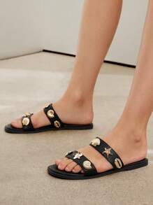 SHUZIA New Hot 2025 Women's Black Pu Double Strap Slider Sandal Slip-On Gold Seashell Design Non-Slip Beach Sandal Shoe Vacation Spring Summer Mother's Day Present - Black - View 5