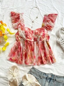 Soleia Women Vacation Cap Sleeve A-Line Chiffon Romantic Floral Print Blouse, Suitable For Holiday, Music Festivals, Bohemian, Afternoon Tea Dates Summer Tops Babydoll Tops