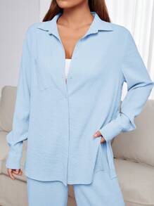 SHEIN EZwear 天蓝色梭织女士休闲衬衫套装 - 藍色 - 查看 5