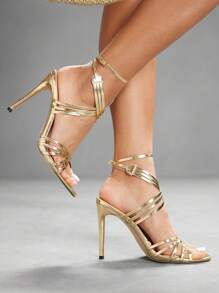 CUCCOO SZL Women's Sexy Fashion Thin Strap Round Toe High Heel Sandals, Casual Versatile Ankle Strap Gold Heeled Shoes