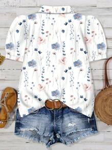 EMERY ROSE 大码休闲节日花卉泡泡袖衬衫夏季女装复活节波西米亚文艺复兴博览会婚礼宾客礼服女式母亲节简约时尚度假 - 彩色 - 查看 2