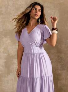Roveilla Plus Size Women V-Neck Ruffle Trim Waisted Dress, Romantic, Elegant, High Quality, Long Length - Purple - View 6