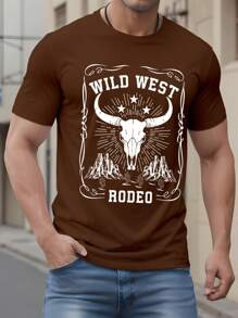 Manfinity LEGND Wild West Cowboy Bull Skull Graphic Regular Fit Brown T-Shirt For Men - Brown - View 2