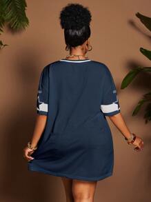 Maweii Women Plus Size V-Neck Mesh Blue No. 91 Pullover - Multicolor - View 2