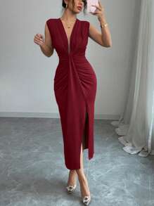 Rafferiza Petite Elegante vestido sin mangas con cuello en V profundo, drapeado en el frente y abertura en la falda, para mujeres, para primavera/verano - Burdeos - Ver 6