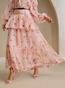 Anewsta Falda elegante de mujer con volantes en el bajo, parches de lunares y flores, para vacaciones