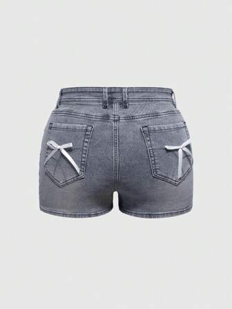 Kawaii Short en jean gris élastique grande taille pour femmes avec décoration nœud, été