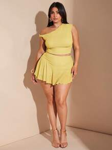 SHEIN BAE 大码女式两件套：鼠尾草绿色不对称肩部褶饰不对称上衣，紧身荷叶边下摆迷你裙，海滩度假装 - 黃色 - 查看 5