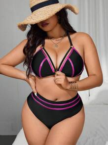 Swim SXY Conjunto de 2 piezas de talla grande con bikini de triángulo con estampado dorado y escote halter, traje de baño sexy y casual para la playa