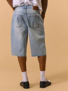 Musero LongLine Washed Denim Shorts Distressed Style Shoelace Belt Detailing Summer Spring Holiday Vacation - Light Wash - View 4