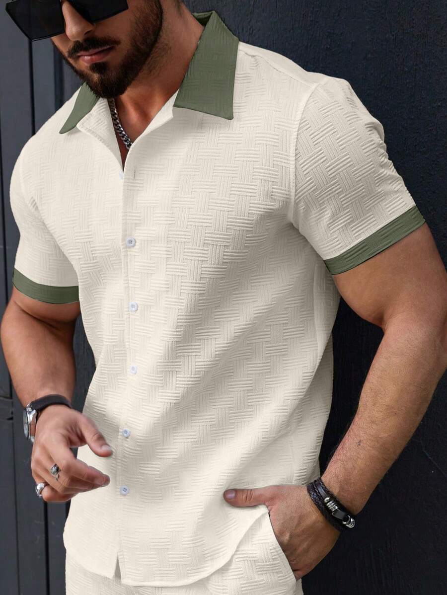 Manfinity Homme Men's Summer Contrast Color Single-Breasted Casual/Office Short Sleeve Shirt