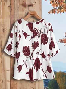 EMERY ROSE 大码女式花卉印花度假休闲衬衫 - 酒紅色 - 查看 2