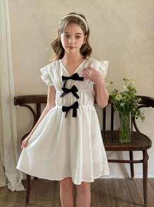 LMoss Kids Tween-Mädchen Einfarbiges, figurbetontes Lässig Kleid mit V-Ausschnitt - Weiss - Übersicht 3