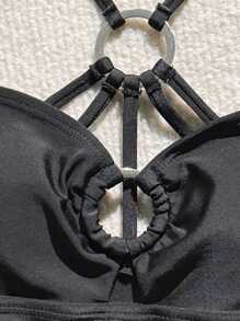 SHEIN 少女度假圆形镂空抽绳连体泳衣，沙滩装 - 黑色 - 查看 4