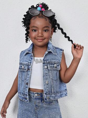 SHEIN Lichtblauw denim mouwloos reversvest voor jonge meisjes, lente- en zomer casual vakantie-landelijke boho-kleding