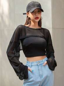 DAZY Drop Shoulder Super Crop Top Without Cami Top Festival Sheer Long Sleeve Women Tops,Fall Women Clothes