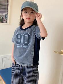 DAZY Young Girl Summer Casual Printed Color Blocking Denim Short Sleeve Blouse