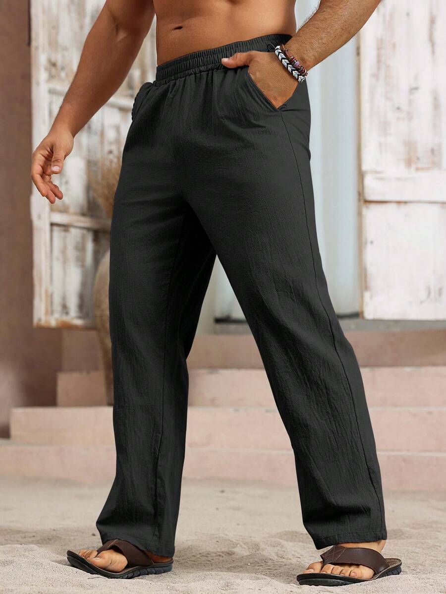 Manfinity RSRT Men Casual Solid Color Minimalist Pocket Linen Black Loose Pants, Lightweight Summer Straight Leg Pants, Fall