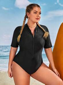 Swim SPRTY Plus Size Solid Zipper Front One Piece Swimsuit Summer