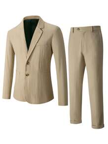 Manfinity Homme Men's Solid ColorLong Sleeve Casual Blazer Suit Set - Khaki - View 3