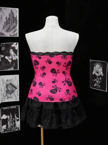 Flirla Áo ba lỗ ngắn không tay cỡ lớn cho nữ, họa tiết đầu lâu màu hồng cánh sen phong cách Punk, gợi cảm cá tính cho các buổi hẹn hò và tiệc tùng - Màu Hồng Tươi - Xem 2