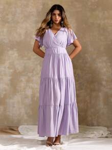 Roveilla Plus Size Women V-Neck Ruffle Trim Waisted Dress, Romantic, Elegant, High Quality, Long Length - Purple - View 5