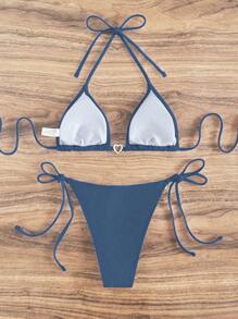 SHEIN Swim 女款素色泳衣套裝，度假與海灘適用 - 深灰色 - 查看 2