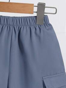 SHEIN 2pcs/Set Young Boy Military Green Half Open Collar Short Sleeve Jacket And Shorts Set, Casual Utility Pockets Suit For Summer Outgoing, Holiday, Sporty Everyday Wear