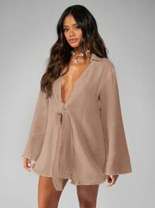 MISSGUIDED Long Sleeve Tie Front Kimono Beach Cover Up Lightweight Summer Resort Wear Evening Wrap - Mocha Brown - View 5