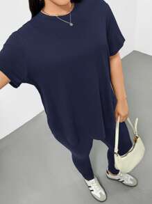 SHEIN Essnce Plus Size Women's Spring And Summer Fashion Casual Sports Comfortable Basic Versatile Slimming Daily Black Short-Sleeved T-Shirt And Leggings Two Pieces Set,Pants Set,Street Wear,Airport Outfits,Summer Outfits For Women,Going Out Outfits,Y2k Clothes,Minimalist Style,Church Clothes For Women