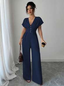 Rafferiza Women's Elegant Solid Deep V-Neck Ruched Waist Jumpsuit - Navy Blue - View 5