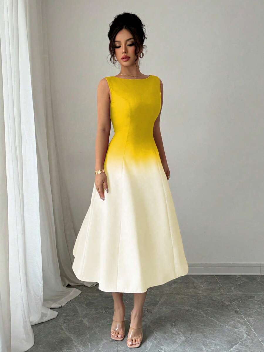 Elenzga 女士优雅红色渐变色无袖腰部褶皱裙摆设计连衣裙 - 黃色 - 查看 1