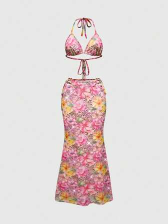 J-Fashion Conjunto de 2 piezas con estilo retro Y2K: Top de bikini transparente con estampado de leopardo y floral, y minifalda, atuendo para vacaciones en la playa
