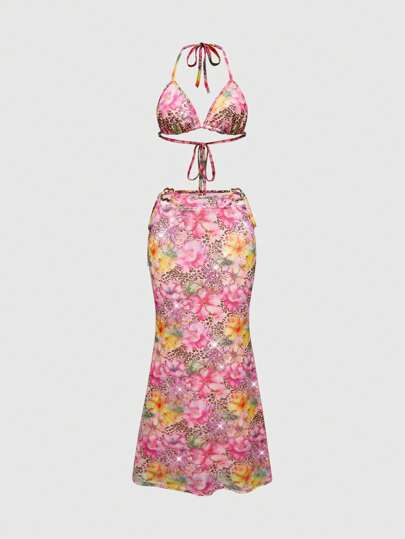 J-Fashion Y2K Retro Stylish Women 2 Pieces Set: Sheer Leopard & Floral Print Bikini Top And Mini Skirt, Beach Vacation Outfit