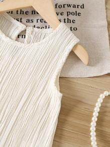SHEIN Baby Girl Summer Plain Color Bowknot Decor Ruffle Hem Sleeveless Dress - White - View 4