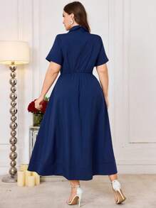 Modelyn Women Plus Size Elegant Embroidered Patchwork Blazer Collar Fitted Long Dress