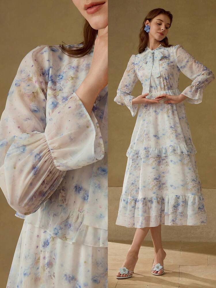 FLORAL PRINT TIE NECK FLARE SLEEVE LAYERED RUFFLE HEM MIDI DRESS