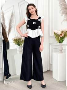 WESTFADE Young Set elegante da 2 pezzi per adolescenti e donne di taglia petite, composto da top con maniche a campana e fiocco, e pantaloni a gamba ampia, adatto per vacanze