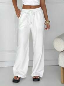 SHEIN EZwear 女式白色梭织休闲纯色宽松阔腿裤 - 白色 - 查看 1