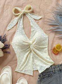 Soleia Fashionable Sexy Halter Neck Tied Twist Hem Slit Open Back Camisole,Boho,Vacation