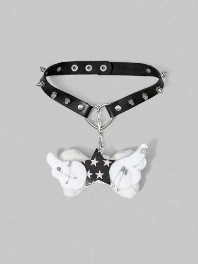 Anime Cravate réglable au style punk Y2K avec design d'étoile à cinq branches foncées et d'ailes d'os pour femmes ; Collier pendentif avec cœur clouté gothique de style rue, convient pour le costume et la photographie de rue