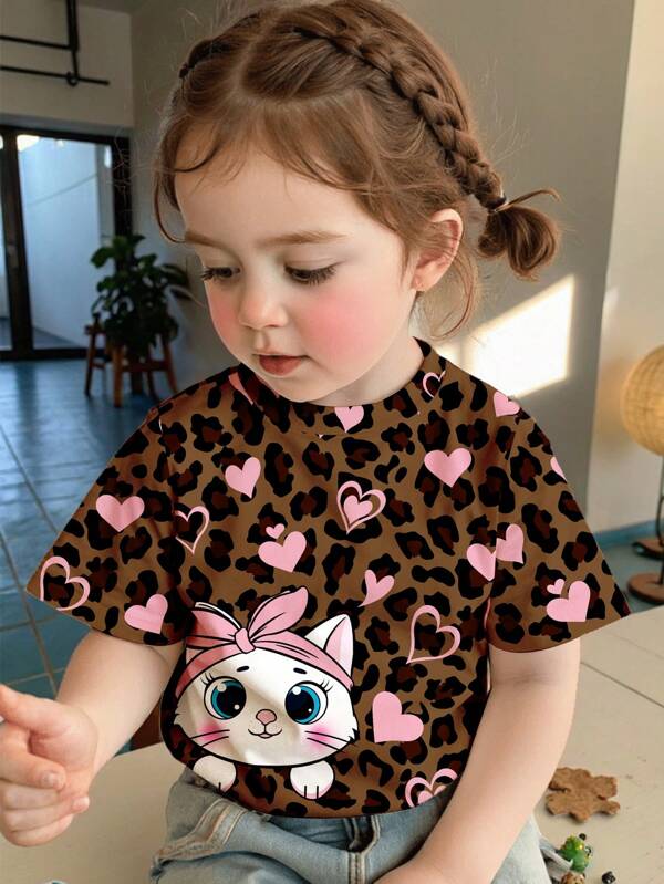 SHEIN Cute Pink Heart Cat, Retro Leopard Print, Young Girl Casual Minimalist Round Neck Short Sleeve T-Shirt, Suitable For Summer