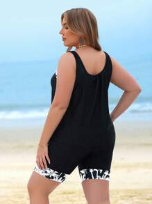 Swim Lushoire 加大码宽肩带圆领无袖夏季分体泳衣 - 黑與白 - 查看 2